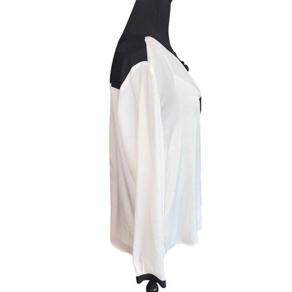 Liz Claiborne Black White Button-Up L/S Semi Sheer Blouse XL Petite Office Siren - Picture 4 of 9